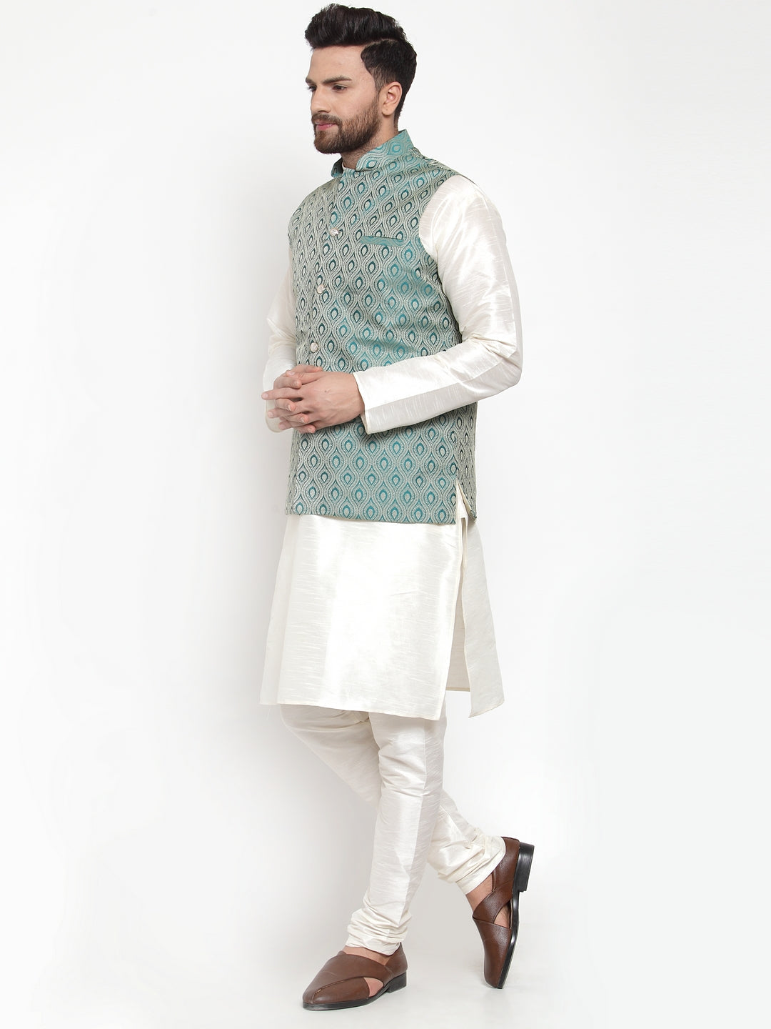 Jompers Men Solid Dupion Kurta Pajama with Woven Jacquard Waistcoat (Green) | Swadesiicart