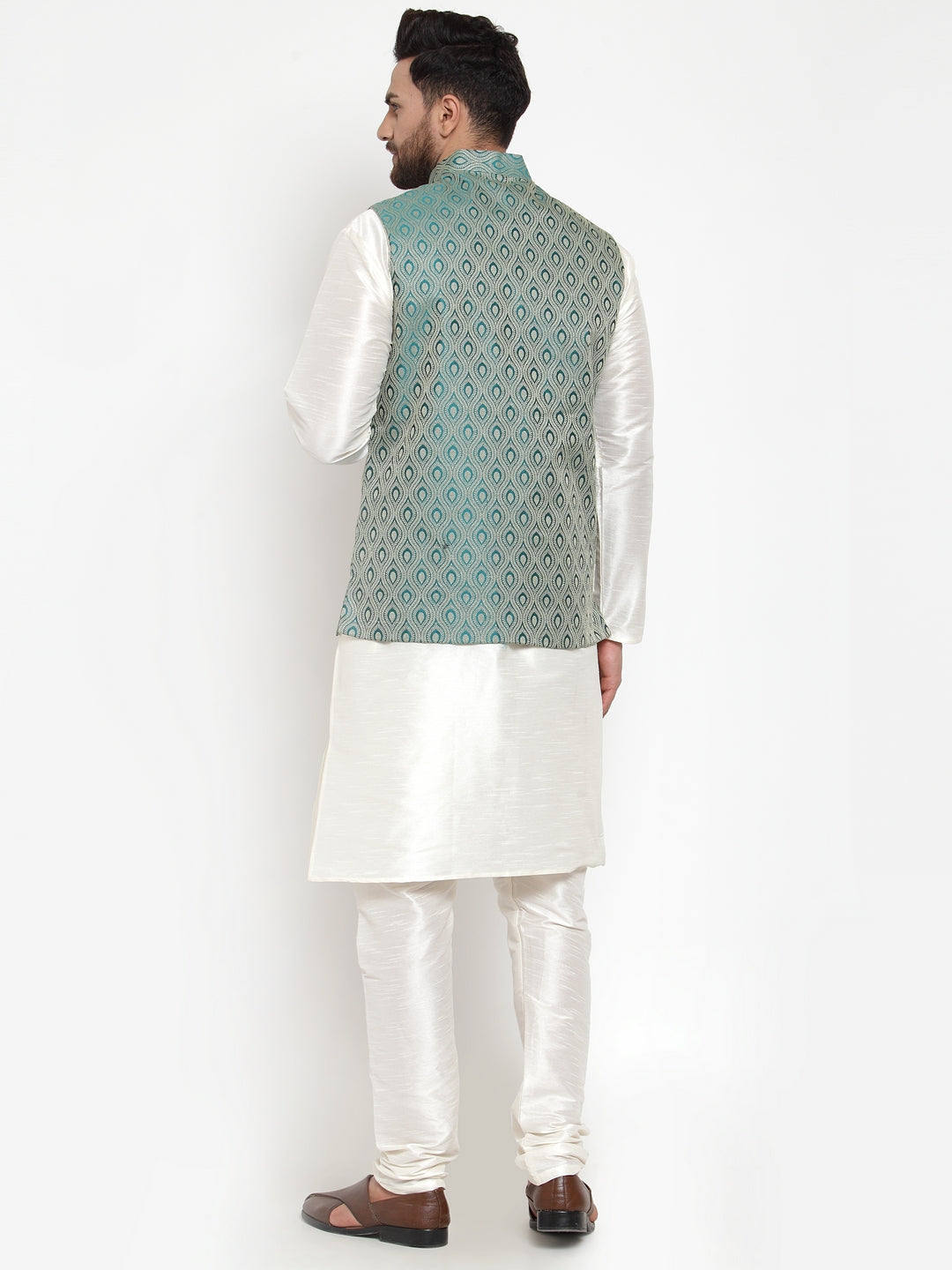 Jompers Men Solid Dupion Kurta Pajama with Woven Jacquard Waistcoat (Green) | Swadesiicart