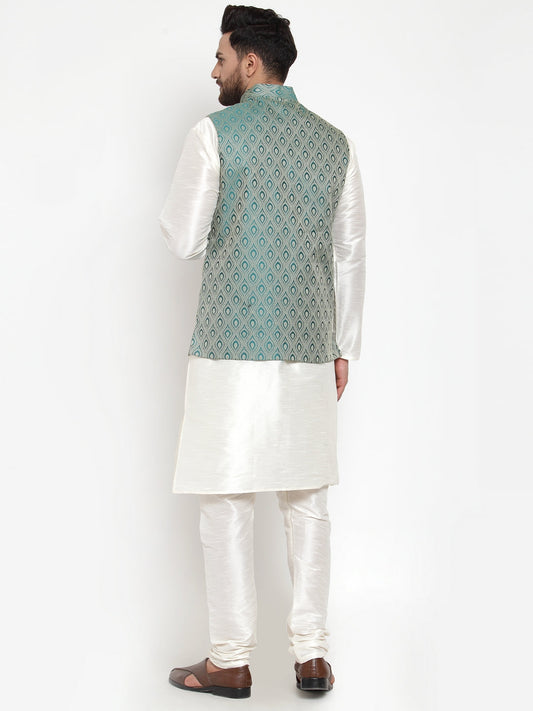Jompers Men Solid Dupion Kurta Pajama with Woven Jacquard Waistcoat (Green) | Swadesiicart
