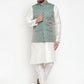 Jompers Men Solid Dupion Kurta Pajama with Woven Jacquard Waistcoat (Green) | Swadesiicart