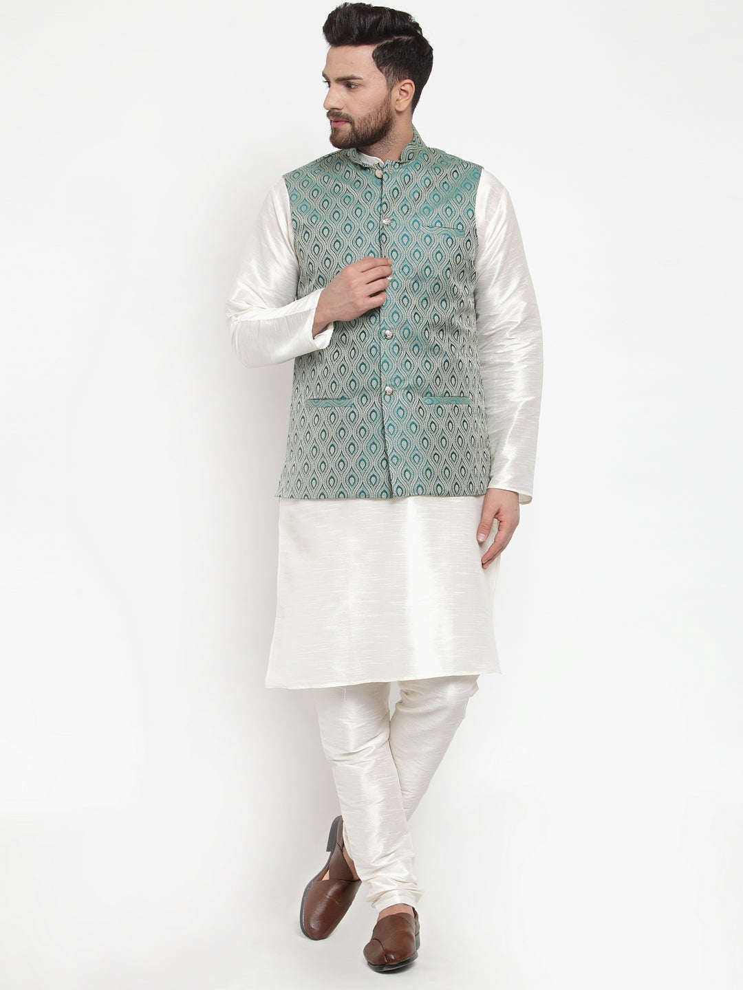Jompers Men Solid Dupion Kurta Pajama with Woven Jacquard Waistcoat (Green) | Swadesiicart