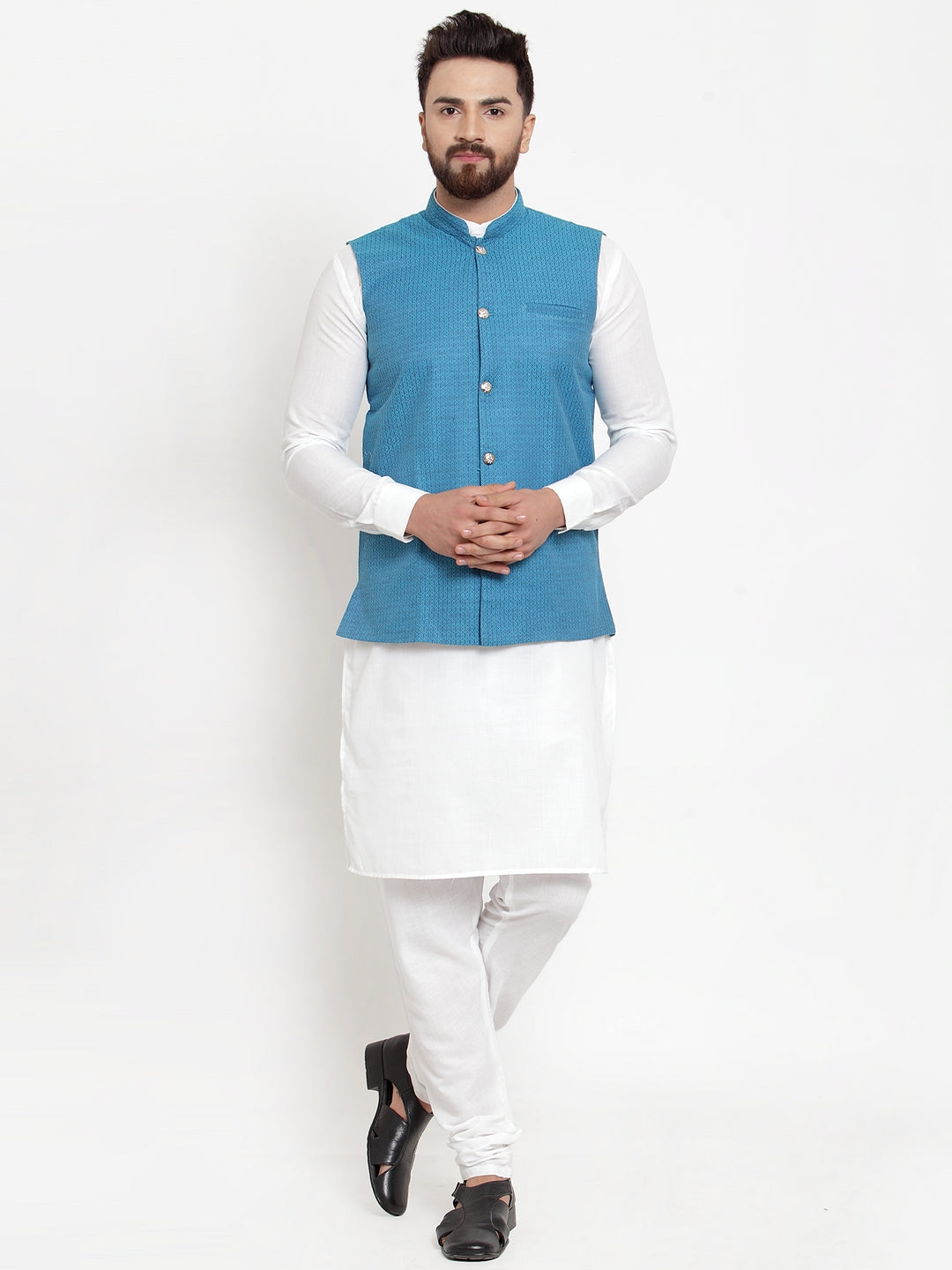 Jompers Men's Solid Cotton Kurta Pajama with Woven Jacquard Waistcoat (Green) | Swadesiicart