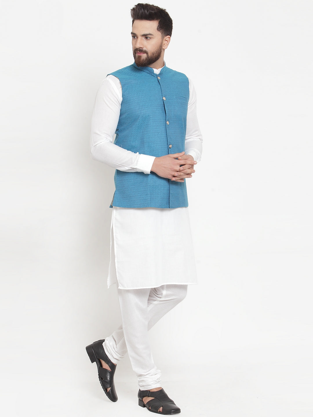 Jompers Men's Solid Cotton Kurta Pajama with Woven Jacquard Waistcoat (Green) | Swadesiicart