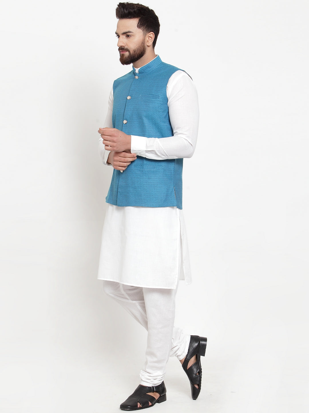 Jompers Men's Solid Cotton Kurta Pajama with Woven Jacquard Waistcoat (Green) | Swadesiicart