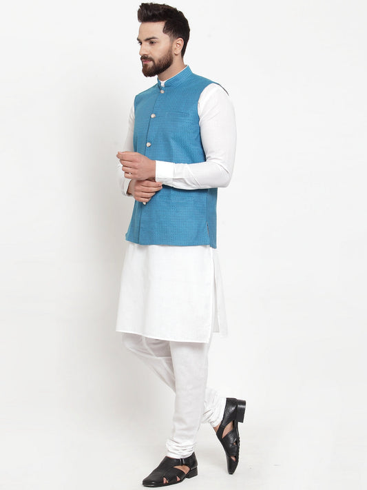 Jompers Men's Solid Cotton Kurta Pajama with Woven Jacquard Waistcoat (Green) | Swadesiicart