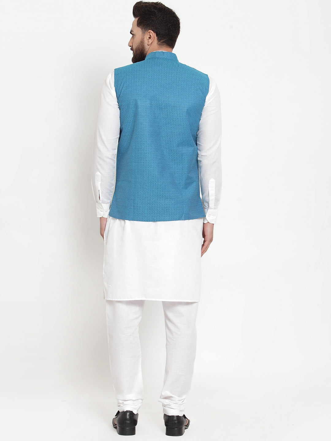 Jompers Men's Solid Cotton Kurta Pajama with Woven Jacquard Waistcoat (Green) | Swadesiicart