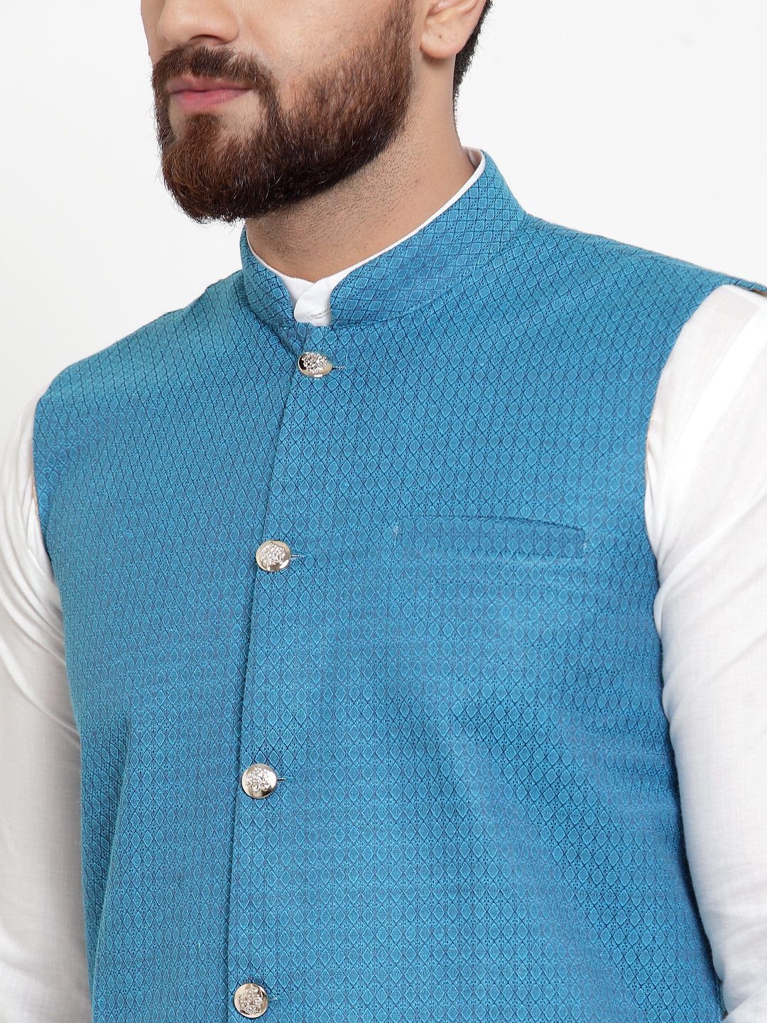 Jompers Men's Solid Cotton Kurta Pajama with Woven Jacquard Waistcoat (Green) | Swadesiicart