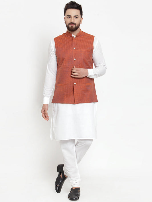 Jompers Men's Solid Cotton Kurta Pajama with Woven Jacquard Waistcoat (Red) | Swadesiicart