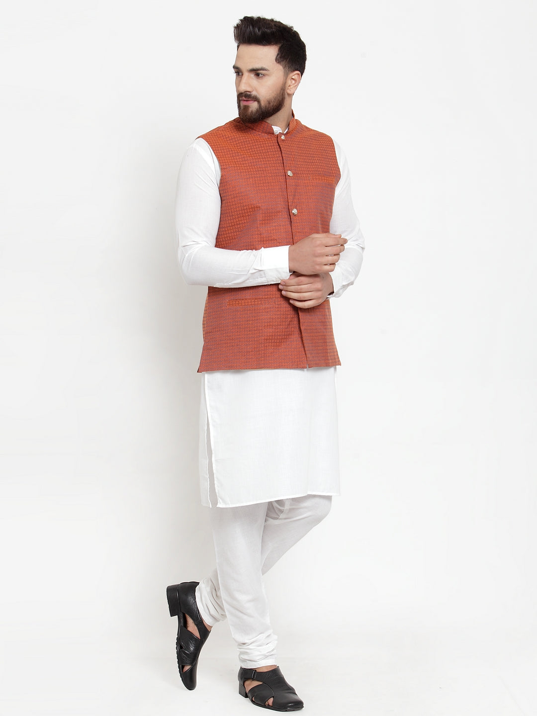 Jompers Men's Solid Cotton Kurta Pajama with Woven Jacquard Waistcoat (Red) | Swadesiicart