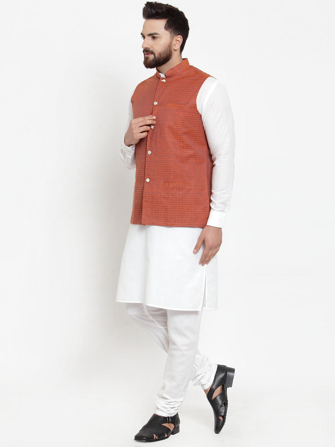 Jompers Men's Solid Cotton Kurta Pajama with Woven Jacquard Waistcoat (Red) | Swadesiicart
