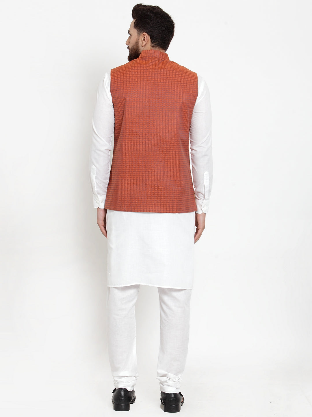 Jompers Men's Solid Cotton Kurta Pajama with Woven Jacquard Waistcoat (Red) | Swadesiicart