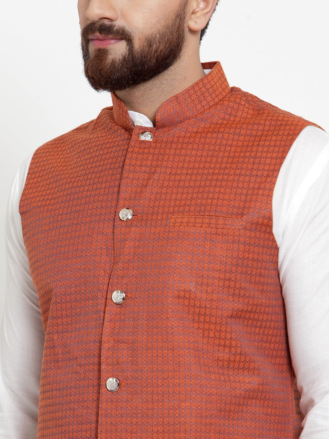 Jompers Men's Solid Cotton Kurta Pajama with Woven Jacquard Waistcoat (Red) | Swadesiicart