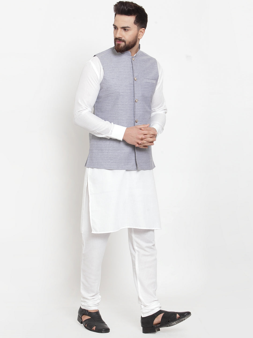 Jompers Men's Solid Cotton Kurta Pajama with Woven Jacquard Waistcoat (Steel-Blue) | Swadesiicart