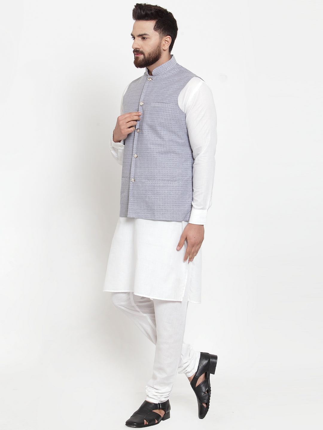 Jompers Men's Solid Cotton Kurta Pajama with Woven Jacquard Waistcoat (Steel-Blue) | Swadesiicart