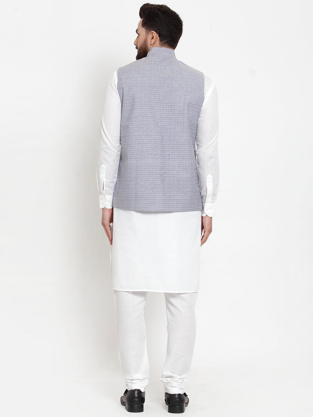 Jompers Men's Solid Cotton Kurta Pajama with Woven Jacquard Waistcoat (Steel-Blue) | Swadesiicart