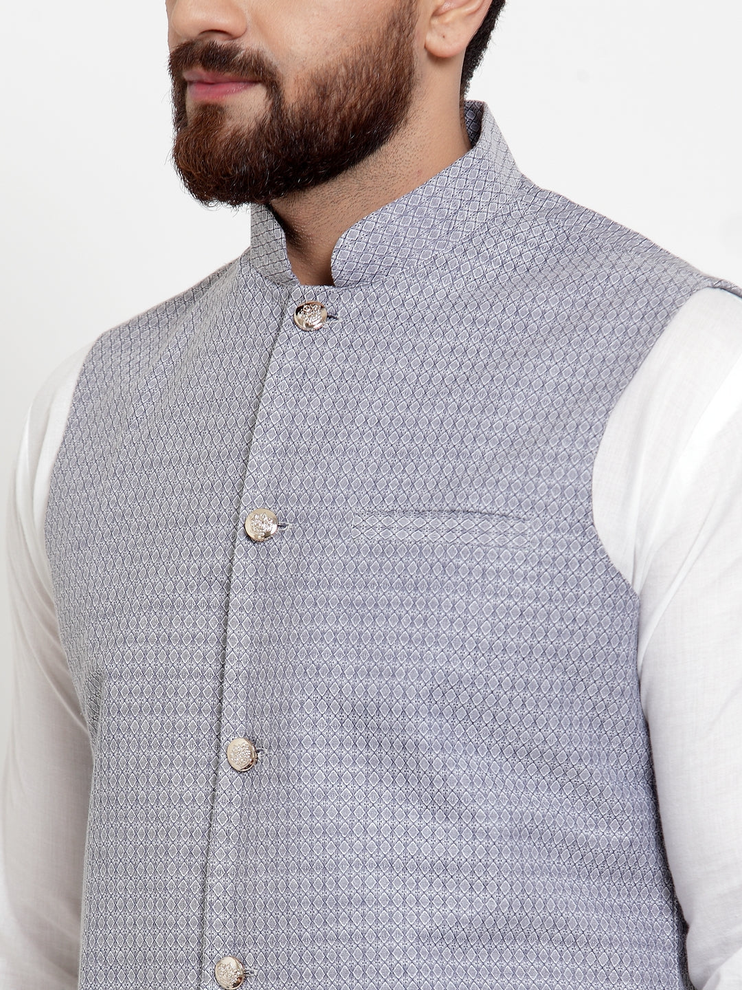 Jompers Men's Solid Cotton Kurta Pajama with Woven Jacquard Waistcoat (Steel-Blue) | Swadesiicart