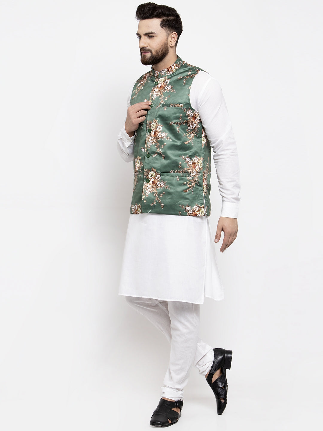 Jompers Men's Solid Cotton Kurta Pajama with Printed Waistcoat (Green-W) | Swadesiicart