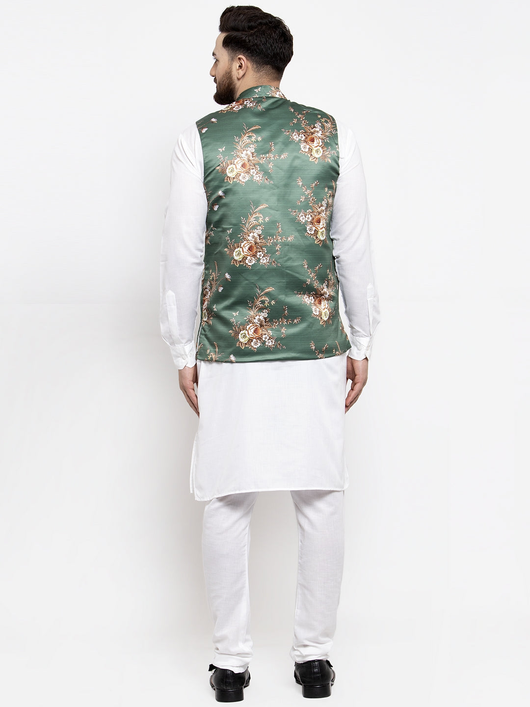 Jompers Men's Solid Cotton Kurta Pajama with Printed Waistcoat (Green-W) | Swadesiicart