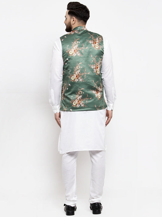 Jompers Men's Solid Cotton Kurta Pajama with Printed Waistcoat (Green-W) | Swadesiicart