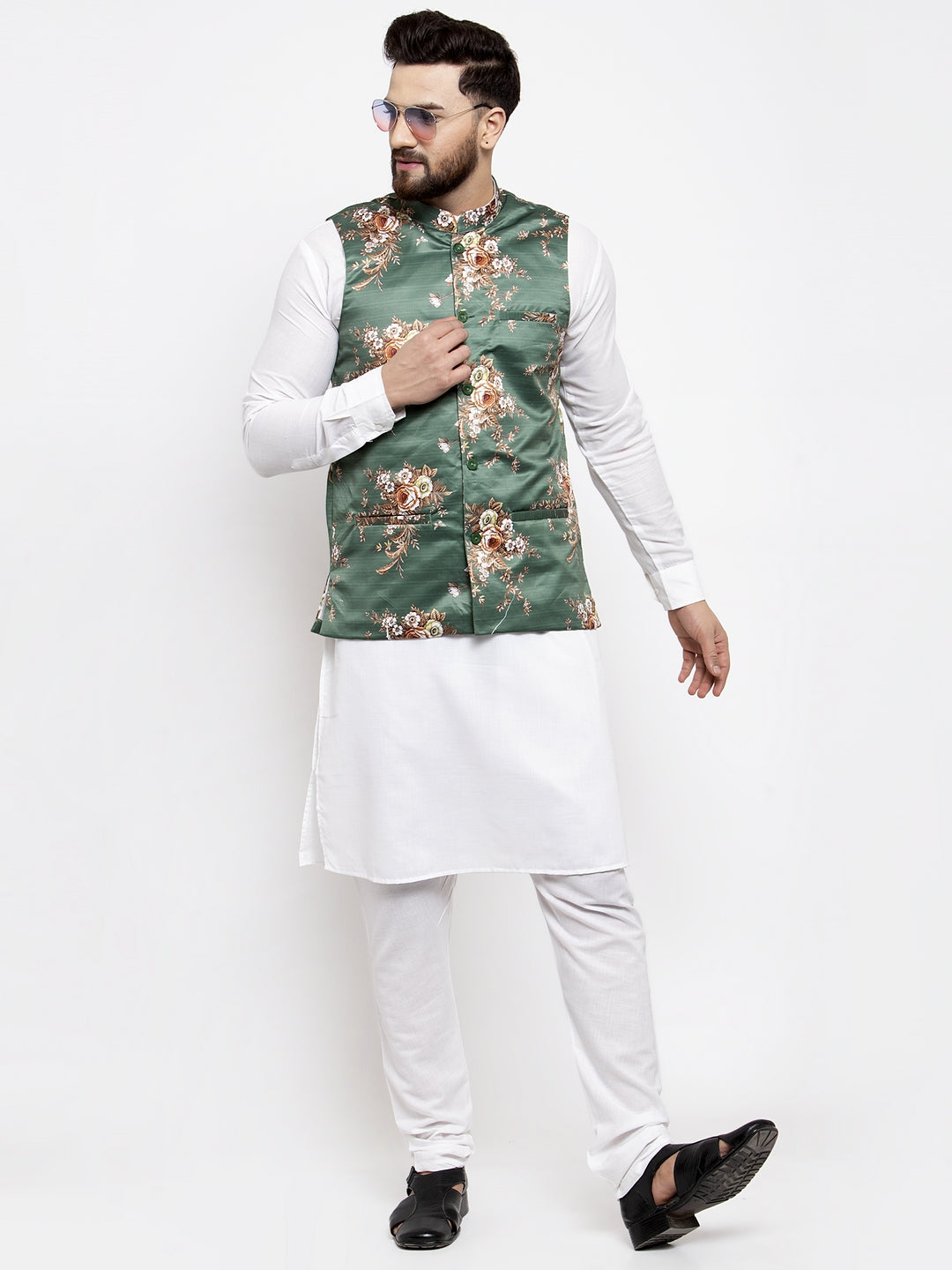 Jompers Men's Solid Cotton Kurta Pajama with Printed Waistcoat (Green-W) | Swadesiicart