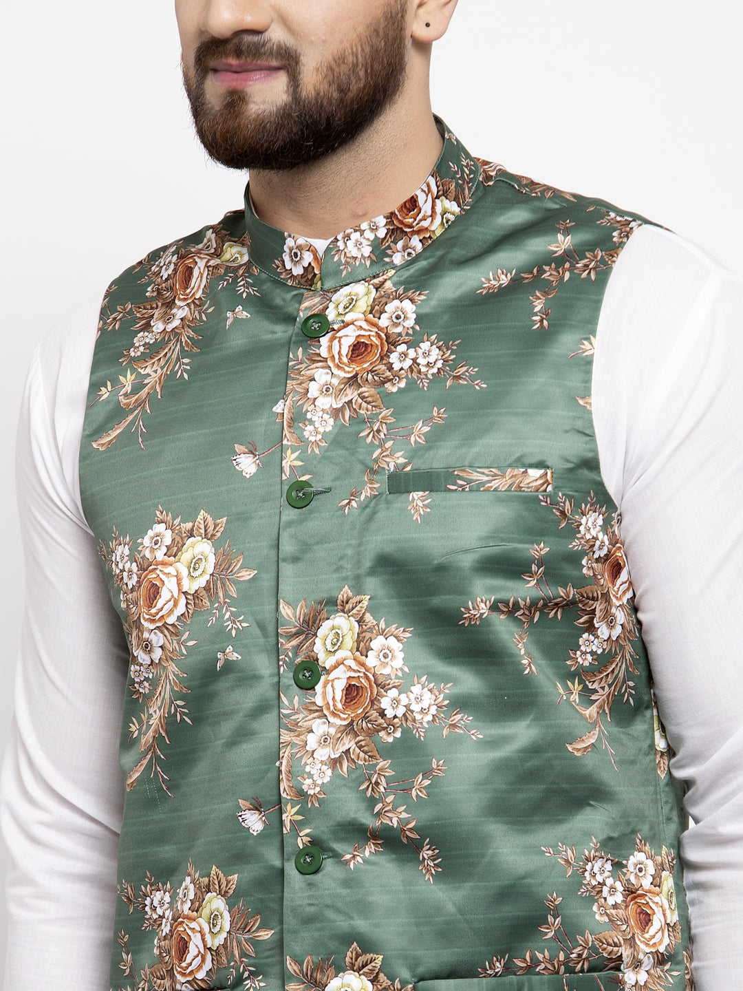 Jompers Men's Solid Cotton Kurta Pajama with Printed Waistcoat (Green-W) | Swadesiicart