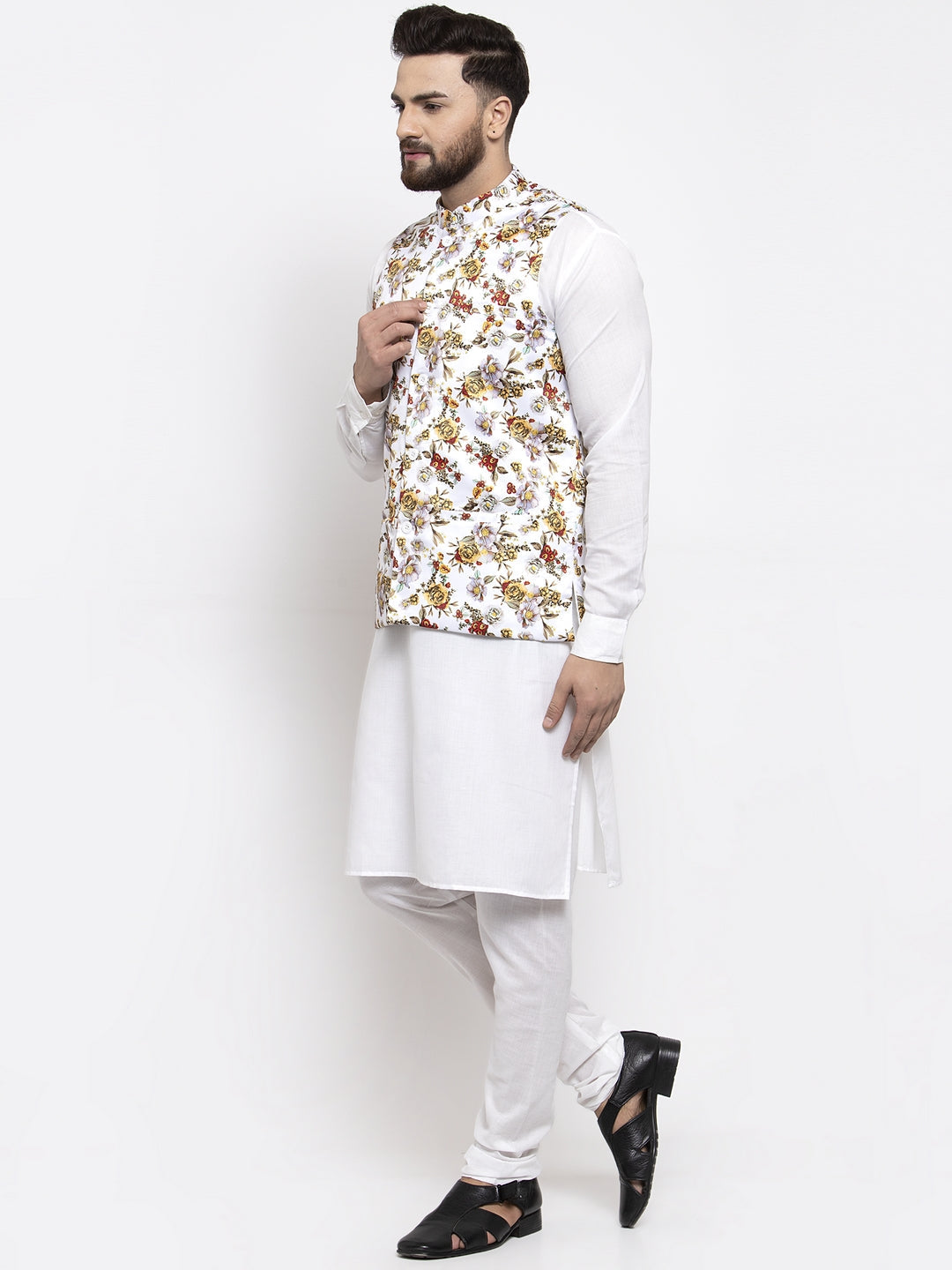 Jompers Men's Solid Cotton Kurta Pajama with Printed Waistcoat (White-W) | Swadesiicart