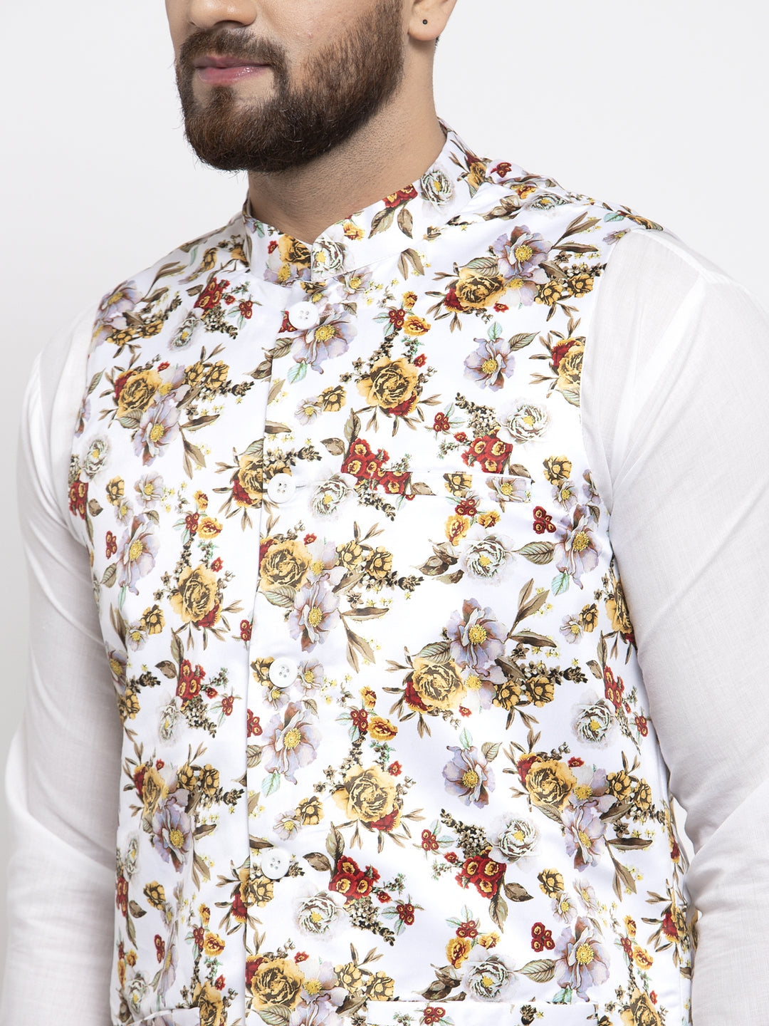 Jompers Men's Solid Cotton Kurta Pajama with Printed Waistcoat (White-W) | Swadesiicart