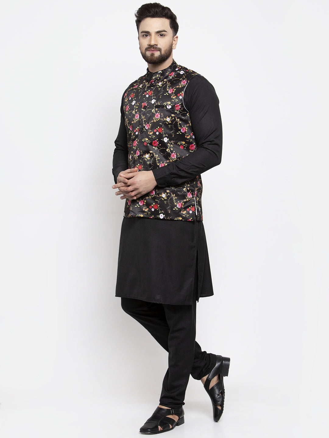 Jompers Men's Solid Cotton Kurta Pajama with Printed Waistcoat (Black-B) | Swadesiicart