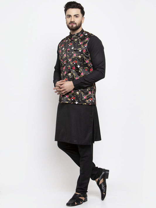 Jompers Men's Solid Cotton Kurta Pajama with Printed Waistcoat (Black-B) | Swadesiicart