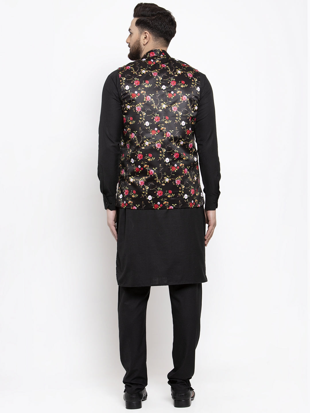 Jompers Men's Solid Cotton Kurta Pajama with Printed Waistcoat (Black-B) | Swadesiicart