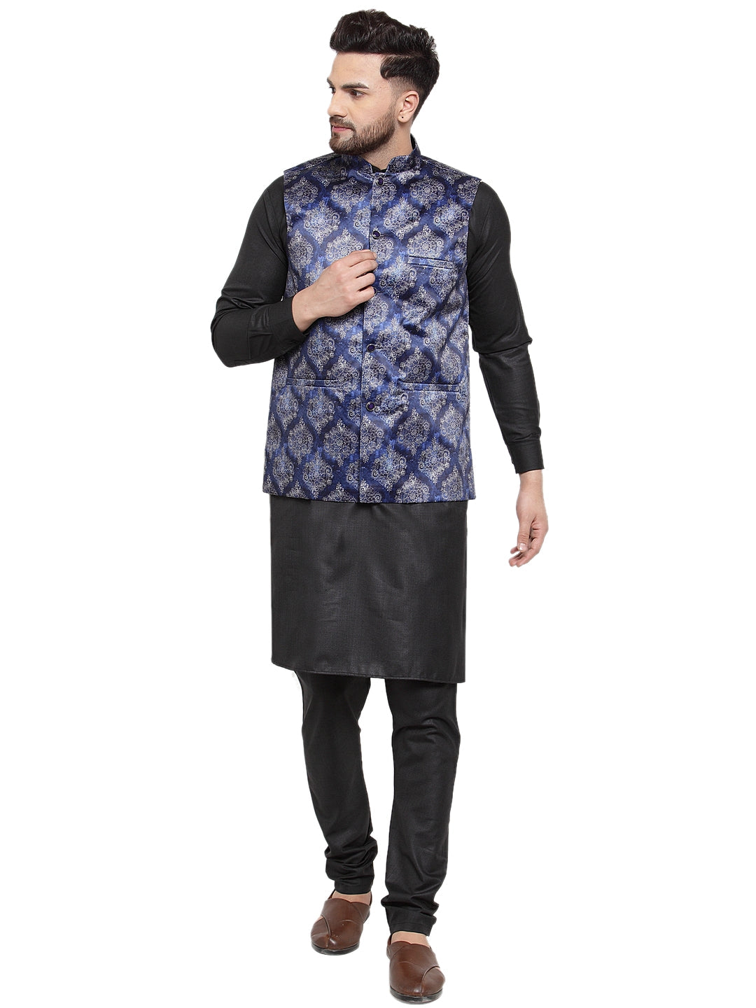 Jompers Men's Solid Cotton Kurta Pajama with Printed Waistcoat (Blue-B) | Swadesiicart