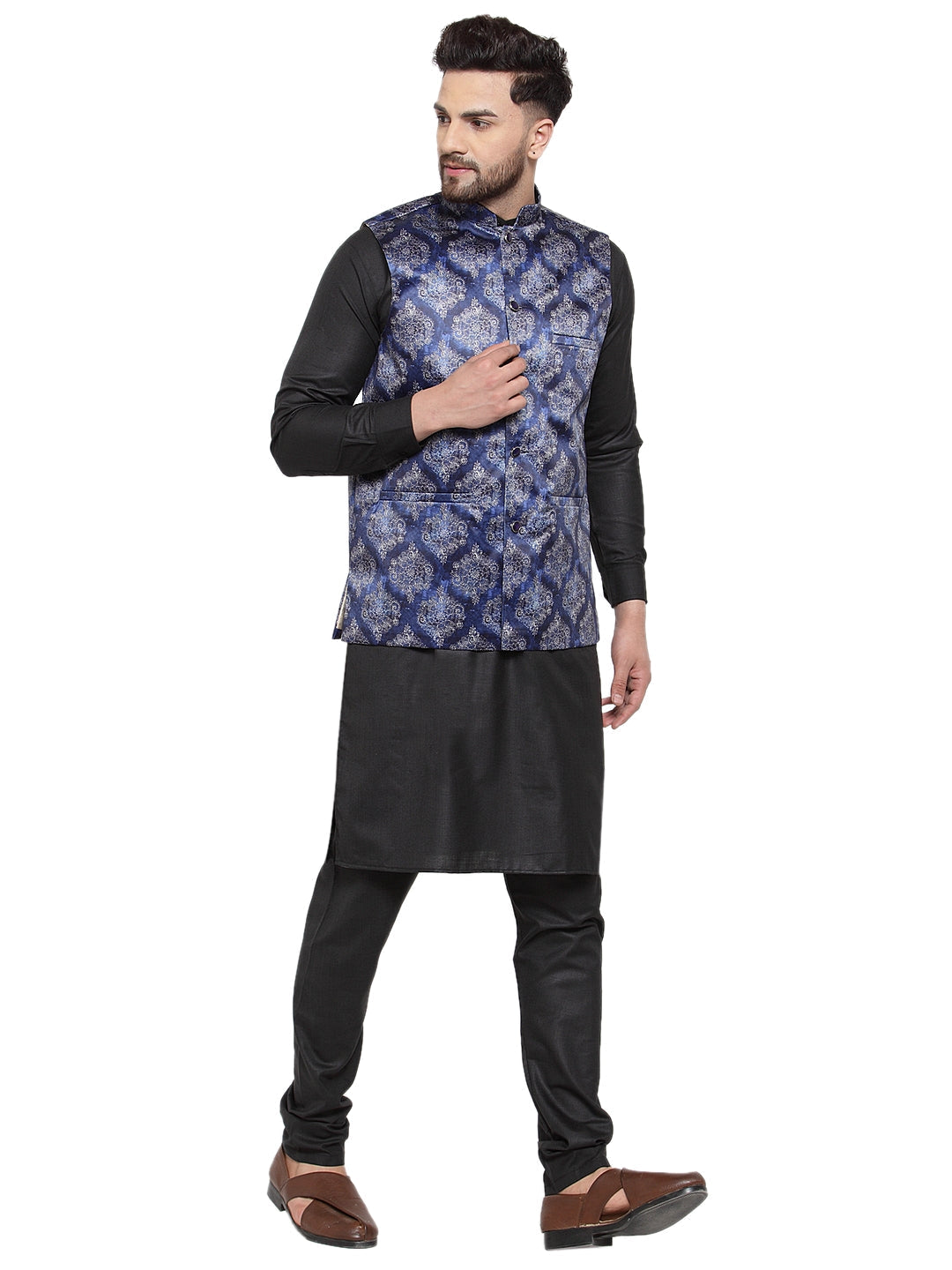 Jompers Men's Solid Cotton Kurta Pajama with Printed Waistcoat (Blue-B) | Swadesiicart