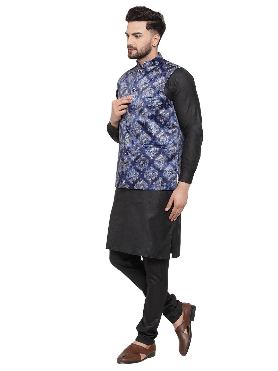 Jompers Men's Solid Cotton Kurta Pajama with Printed Waistcoat (Blue-B) | Swadesiicart
