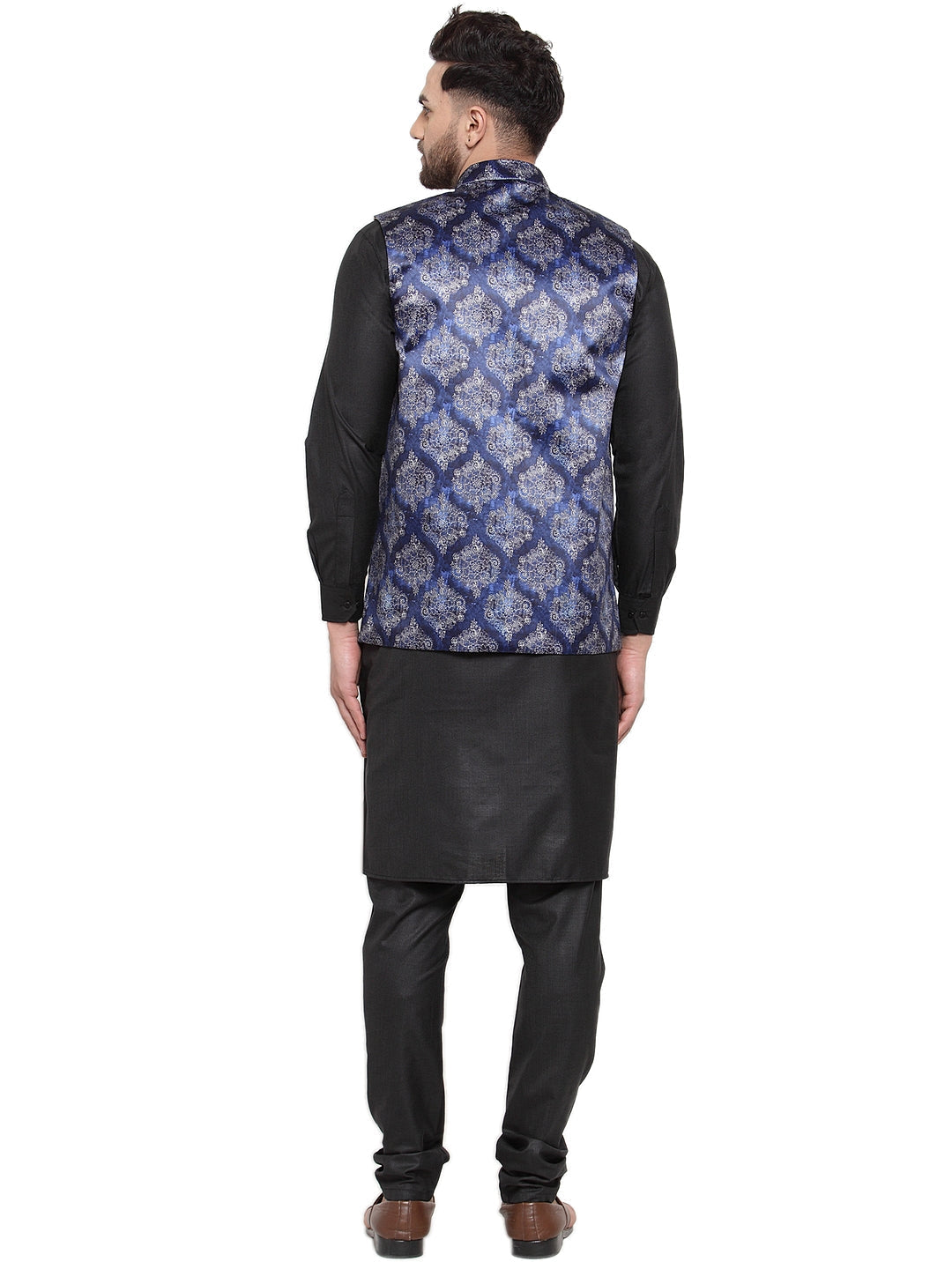 Jompers Men's Solid Cotton Kurta Pajama with Printed Waistcoat (Blue-B) | Swadesiicart
