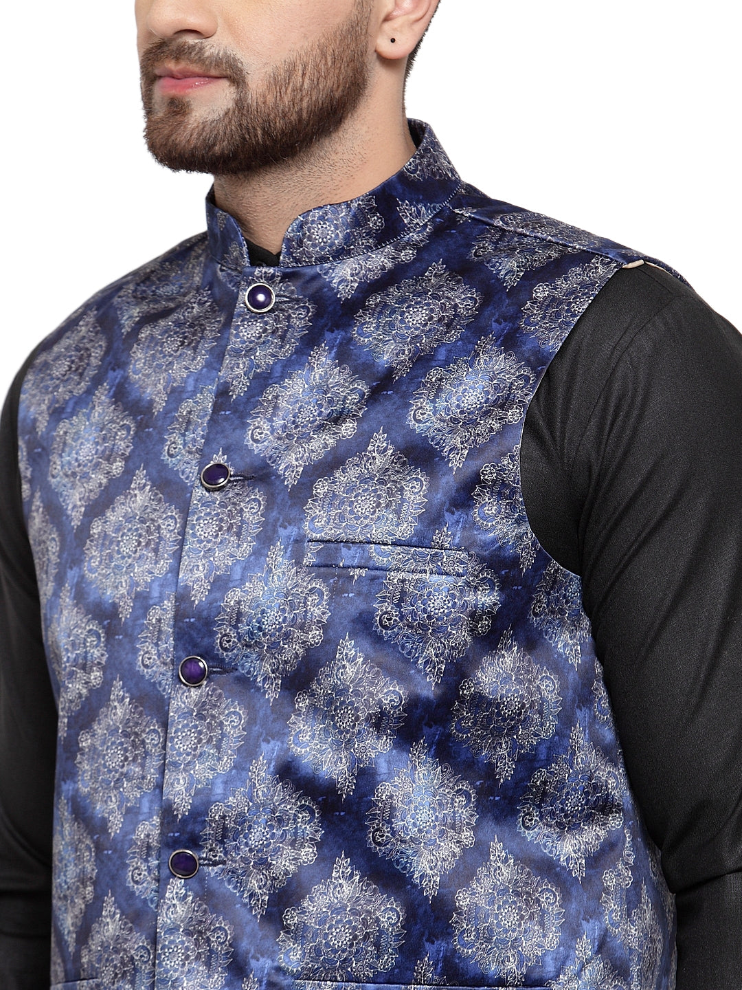 Jompers Men's Solid Cotton Kurta Pajama with Printed Waistcoat (Blue-B) | Swadesiicart