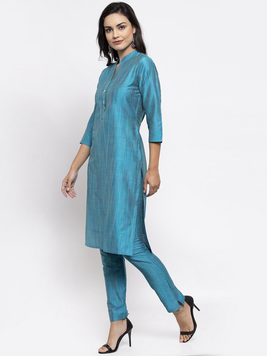 Jompers Women Blue & Green Self-Striped Kurta with Trousers | Swadesiicart