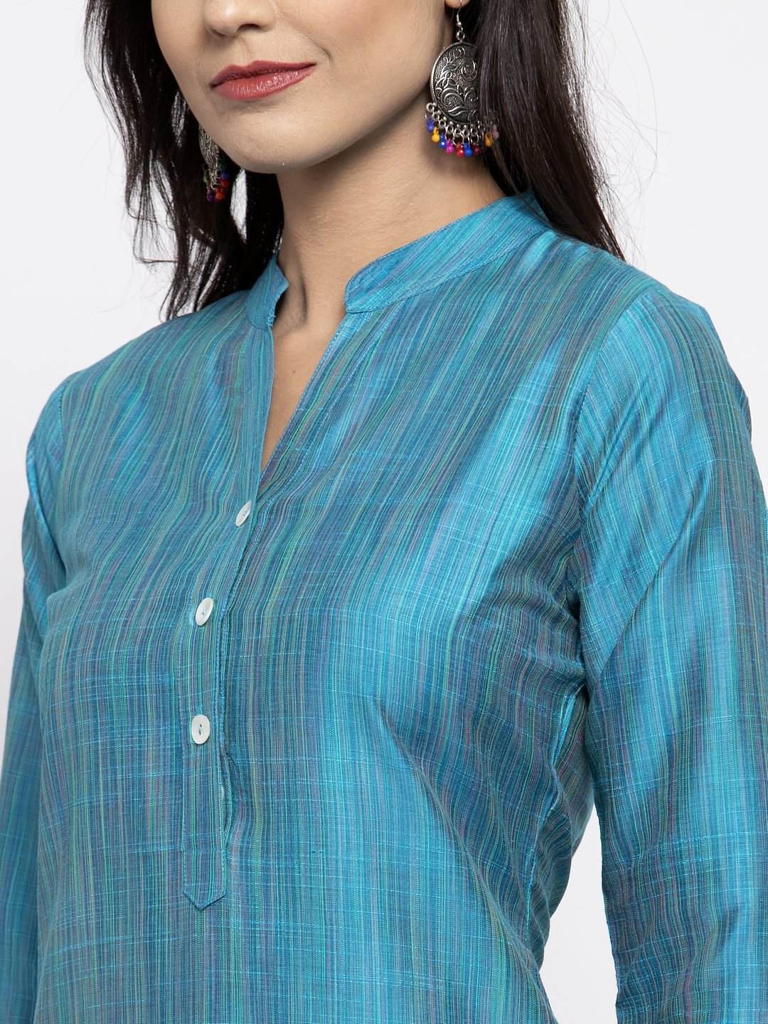 Jompers Women Blue & Green Self-Striped Kurta with Trousers | Swadesiicart