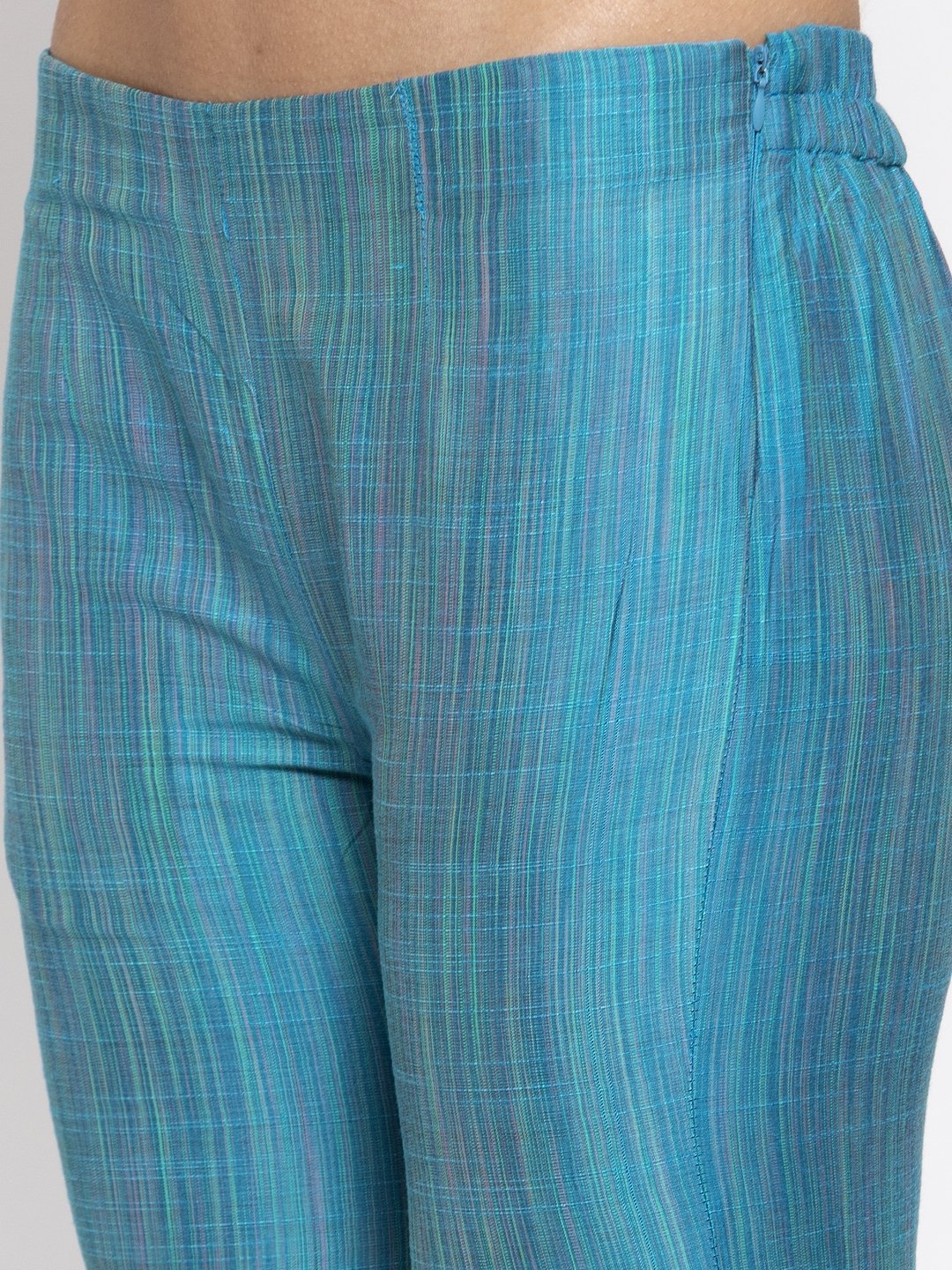Jompers Women Blue & Green Self-Striped Kurta with Trousers | Swadesiicart