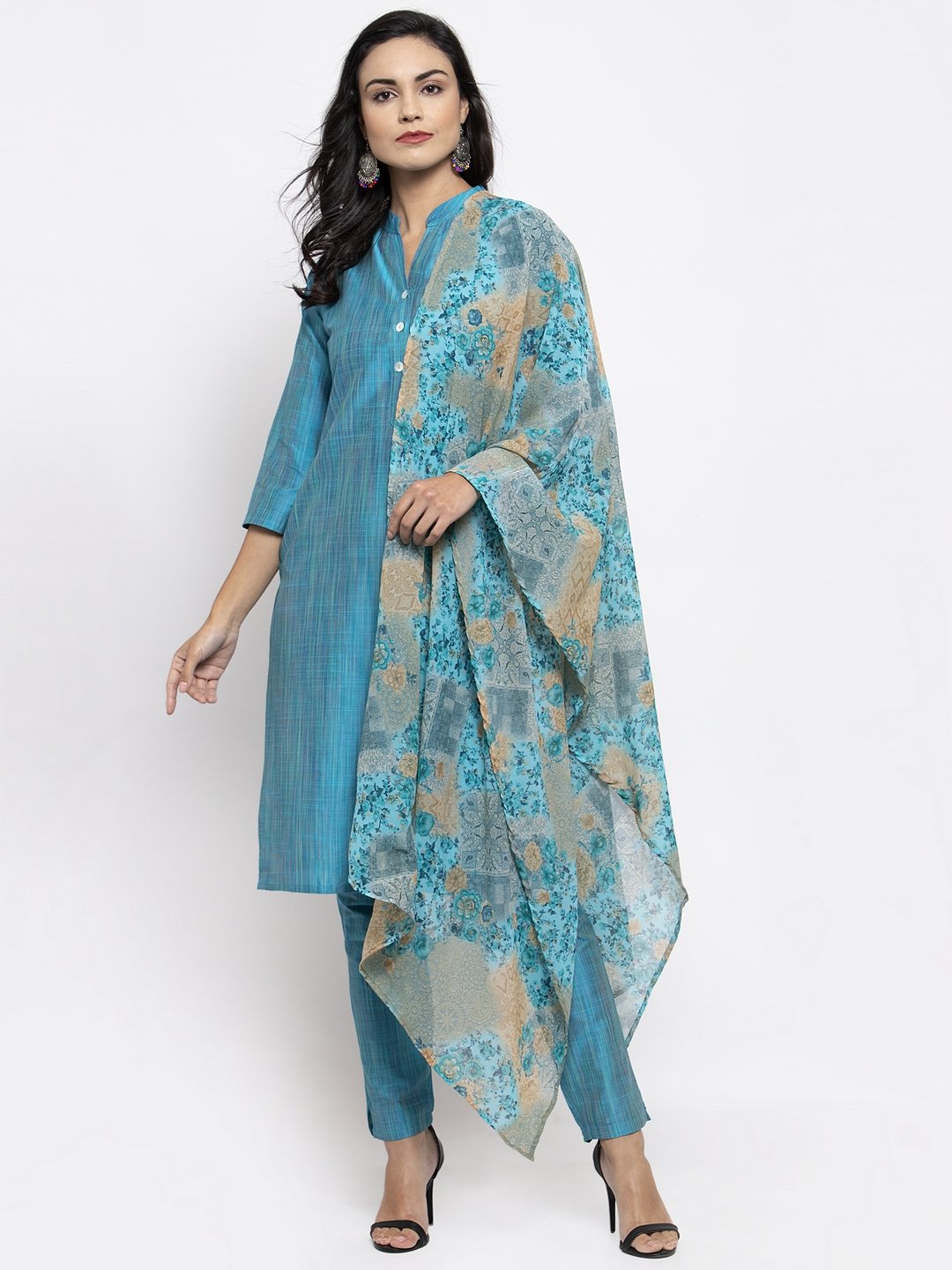 Jompers Women Blue & Green Self-Striped Kurta with Trousers & Printed Dupatta | Swadesiicart