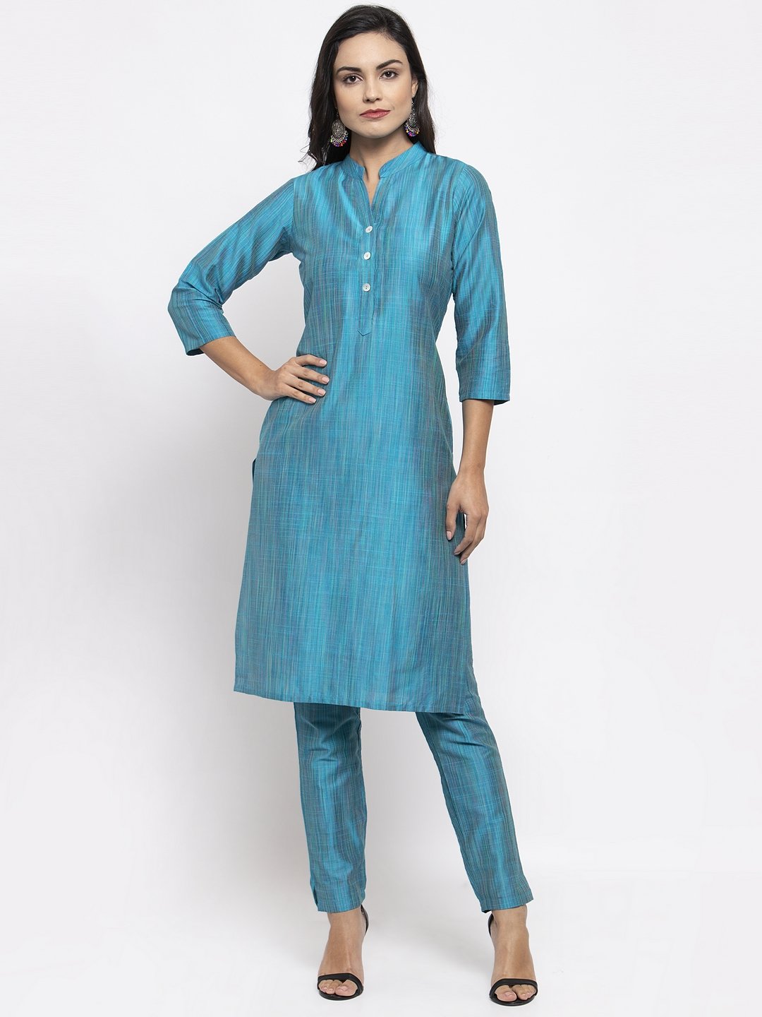 Jompers Women Blue & Green Self-Striped Kurta with Trousers & Printed Dupatta | Swadesiicart
