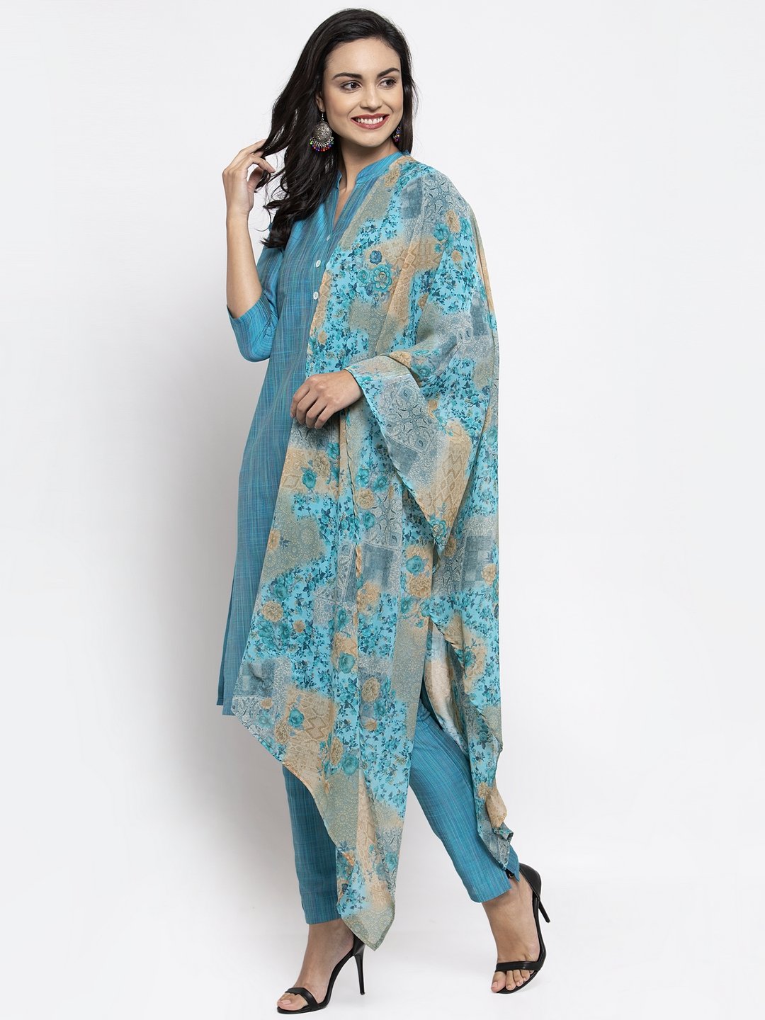 Jompers Women Blue & Green Self-Striped Kurta with Trousers & Printed Dupatta | Swadesiicart