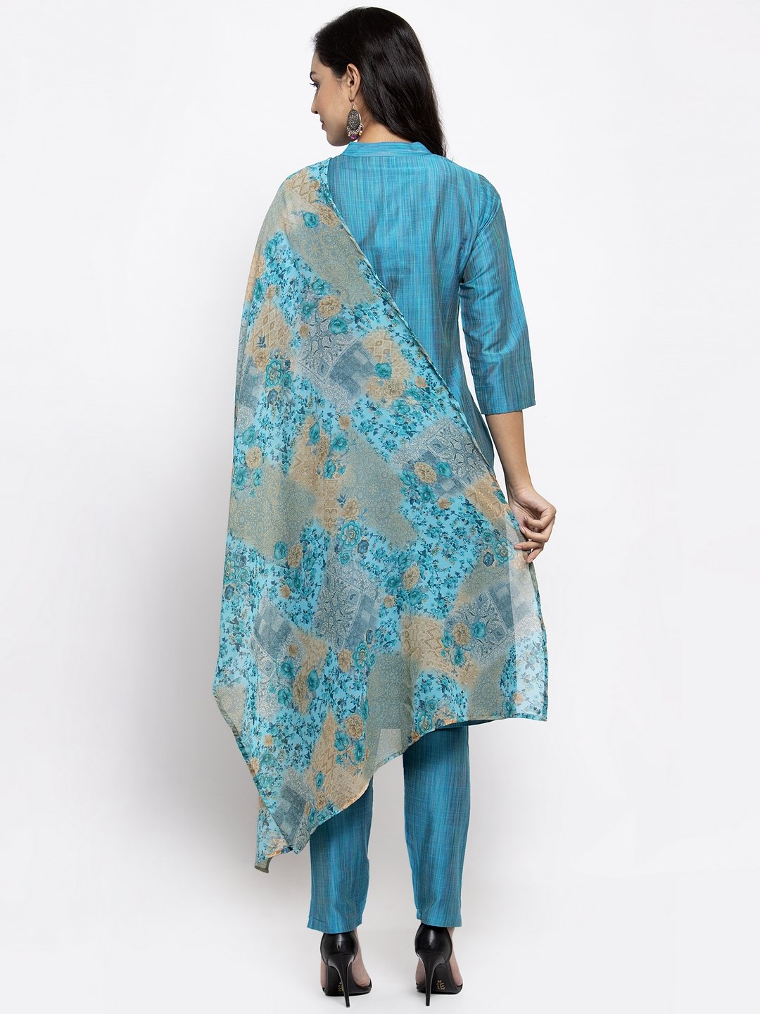 Jompers Women Blue & Green Self-Striped Kurta with Trousers & Printed Dupatta | Swadesiicart