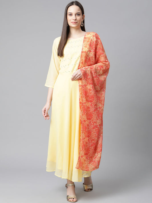 Jompers Women Yellow Embroidered Regular Sequinned Kurta with Trousers & With Dupatta | Swadesiicart