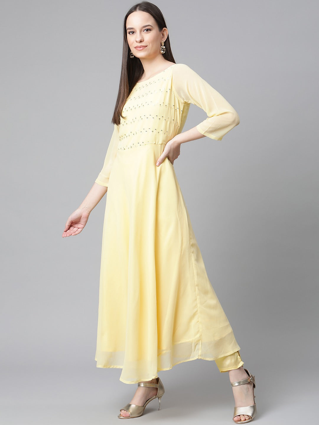 Jompers Women Yellow Embroidered Regular Sequinned Kurta with Trousers & With Dupatta | Swadesiicart