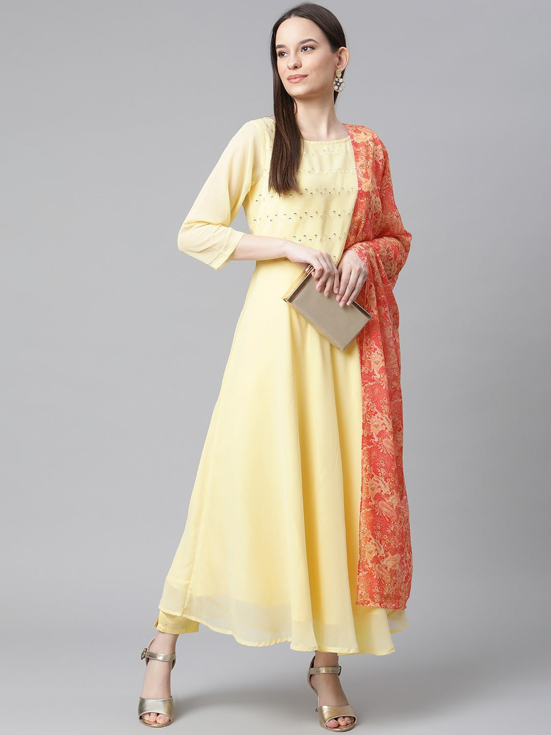 Jompers Women Yellow Embroidered Regular Sequinned Kurta with Trousers & With Dupatta | Swadesiicart