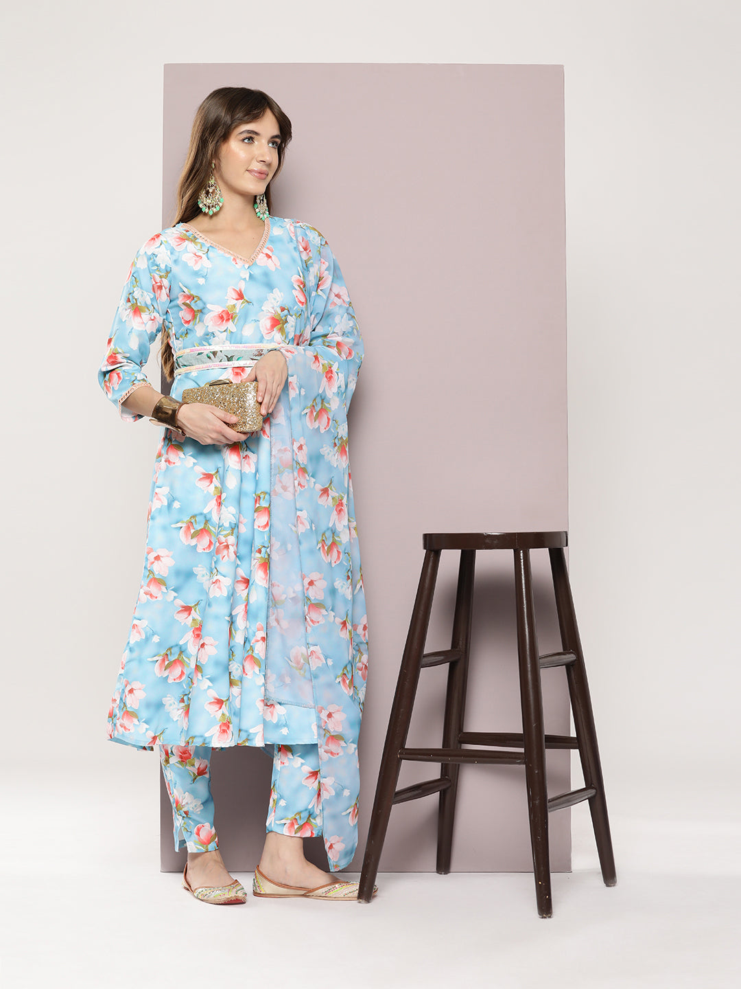 Jompers Women's Mirror work detailing, linen printed flared kurta with trousers and dupatta - Grey - Swadesiicart