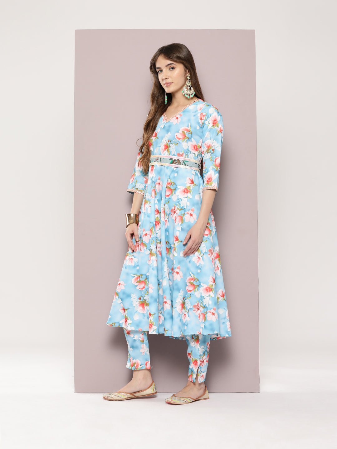 Jompers Women's Mirror work detailing, linen printed flared kurta with trousers and dupatta - Grey - Swadesiicart