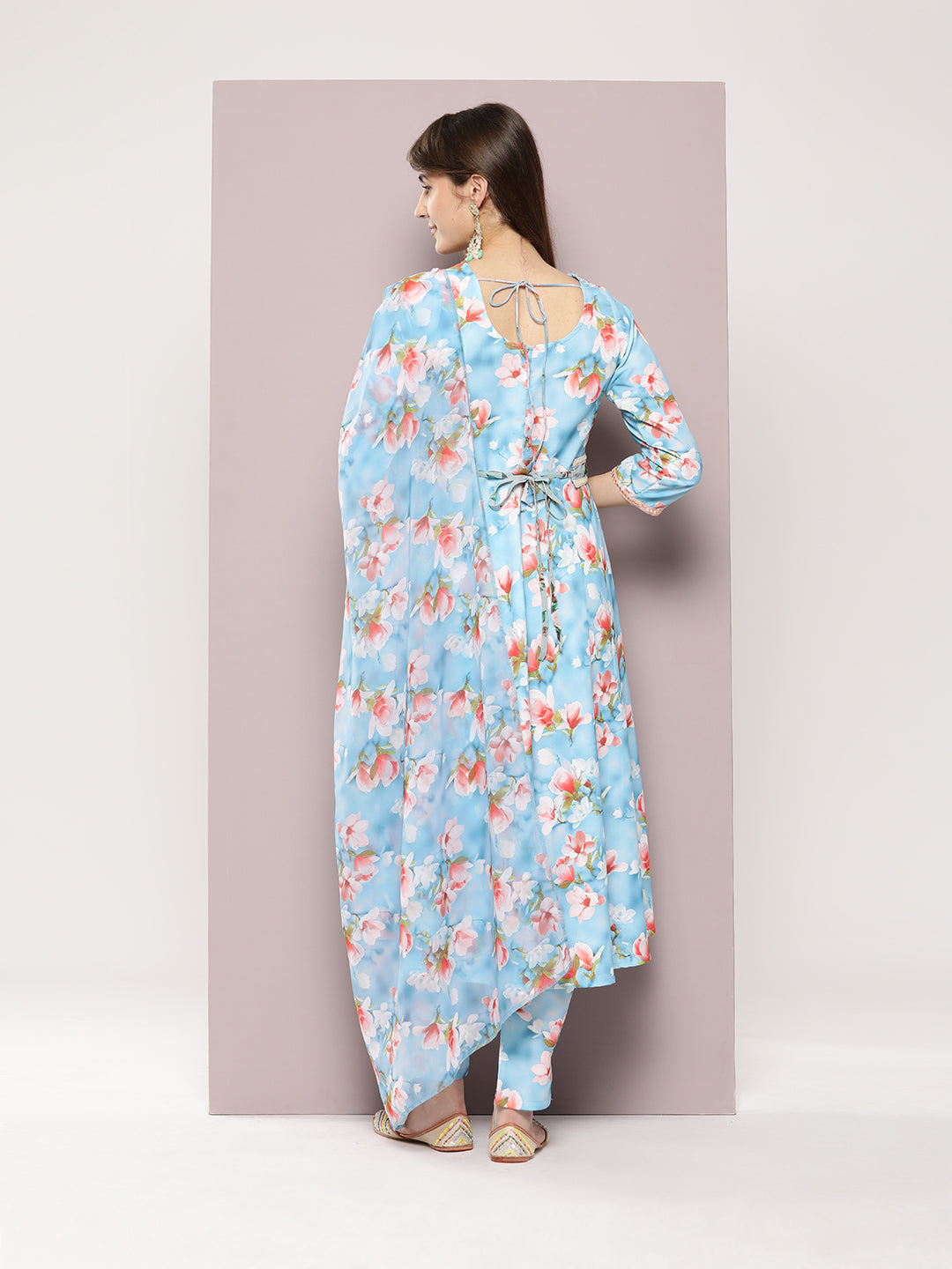 Jompers Women's Mirror work detailing, linen printed flared kurta with trousers and dupatta - Grey - Swadesiicart
