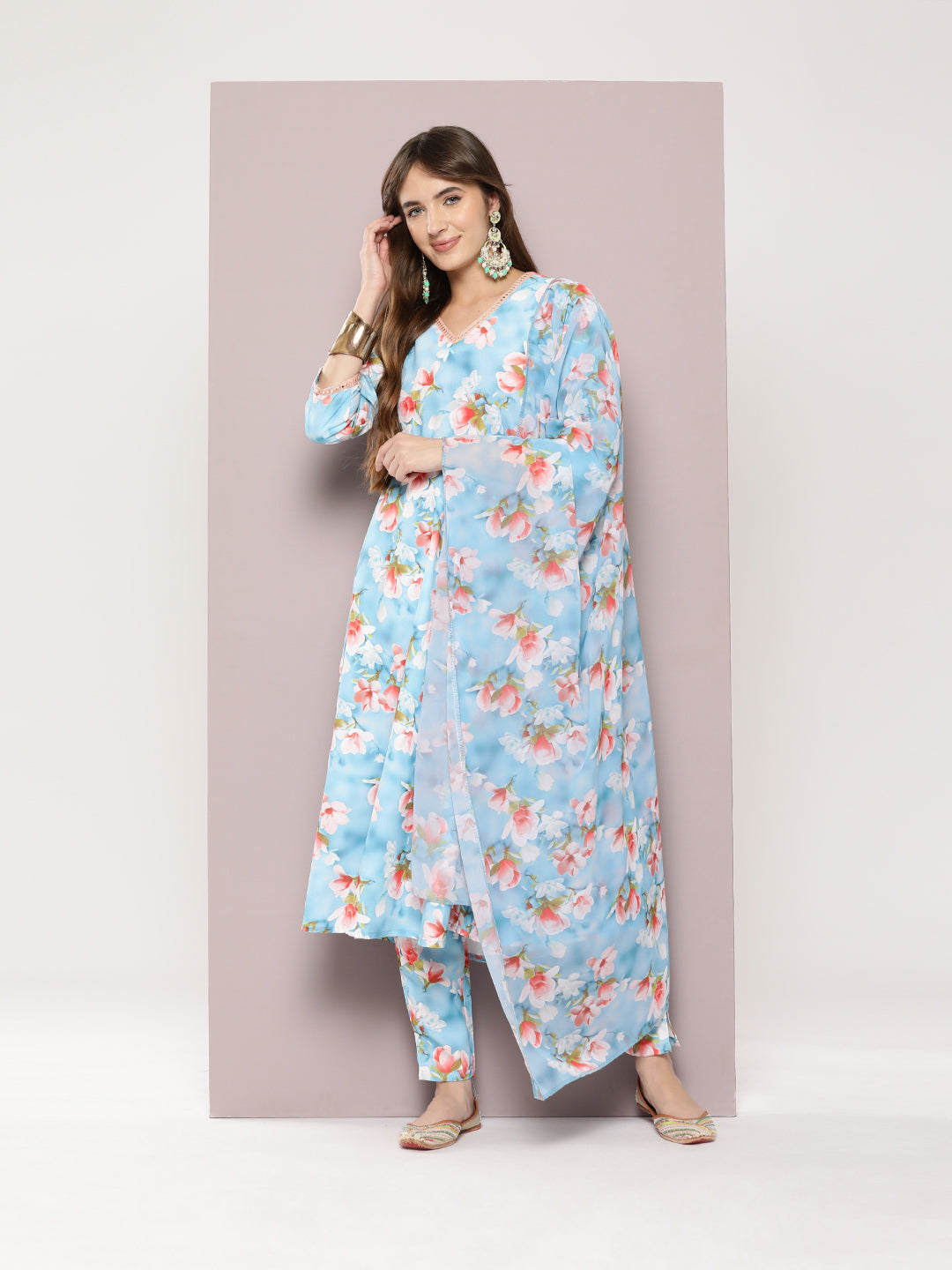 Jompers Women's Mirror work detailing, linen printed flared kurta with trousers and dupatta - Grey - Swadesiicart