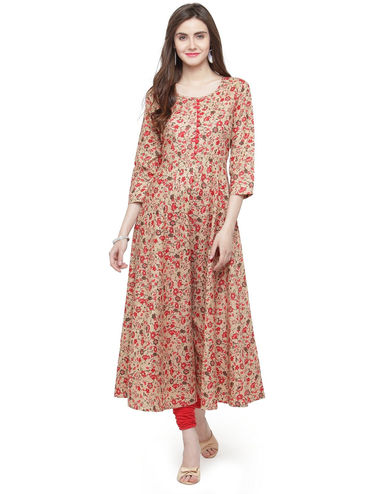 Jompers Women Red & Beige Printed A-Line Kurta - Jompers